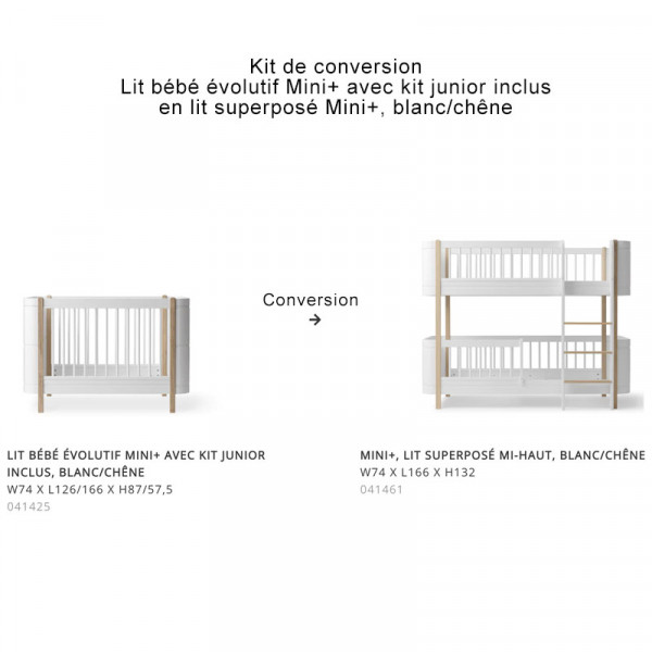Kit de conversion lit bébé évolutif avec kit junior en lit superposé Mini+ - Blanc et chêne
