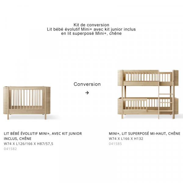 Kit de conversion lit bébé évolutif avec kit junior en lit superposé Mini+ - Chêne