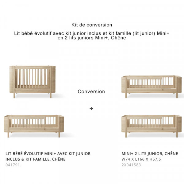 Kit de conversion lit bébé évolutif et lit junior en 2 lits juniors Mini+ Wood, Chêne