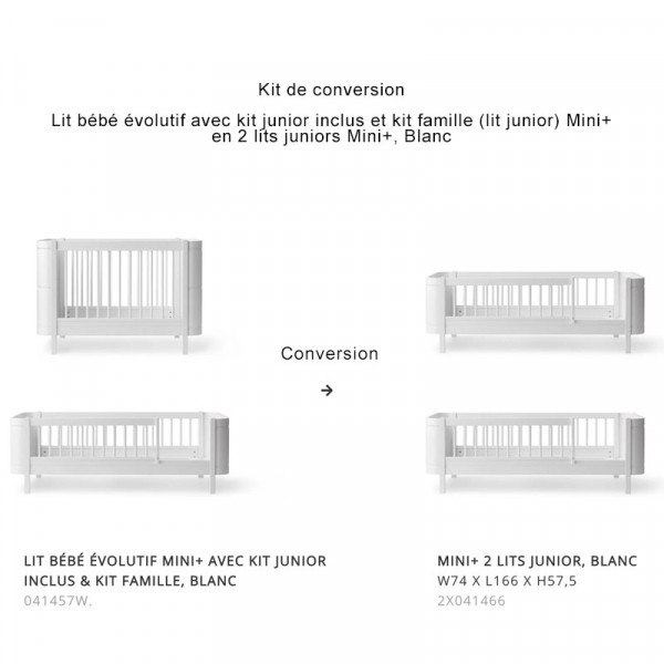 Kit de conversion lit bébé évolutif et lit junior en 2 lits juniors Mini+ Wood, Blanc
