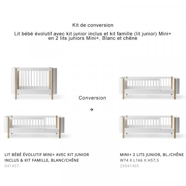 Kit de conversion lit bébé évolutif et lit junior en 2 lits juniors Mini+ Wood, Blanc et chêne