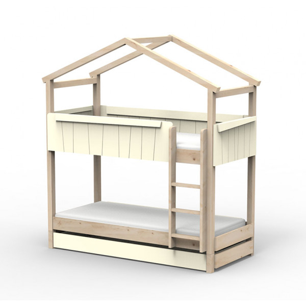 Lit Cabane superposé avec tiroir-lit Nils - Star light - Beige ivoire