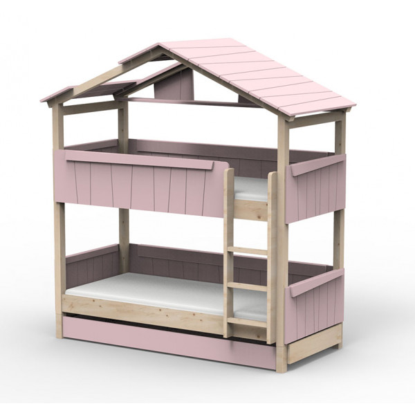 Lit Cabane superposé avec tiroir-lit Noa - Star light - Rose hiver