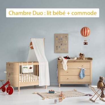Lit bébé Wood Mini+ avec flèche de lit et voile de lit - Chêne