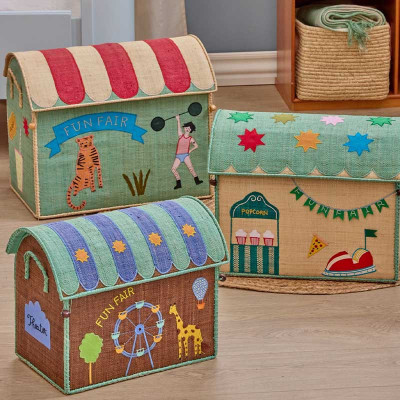 Coffre à jouets en raphia Grand modèle - Fun fair bleu