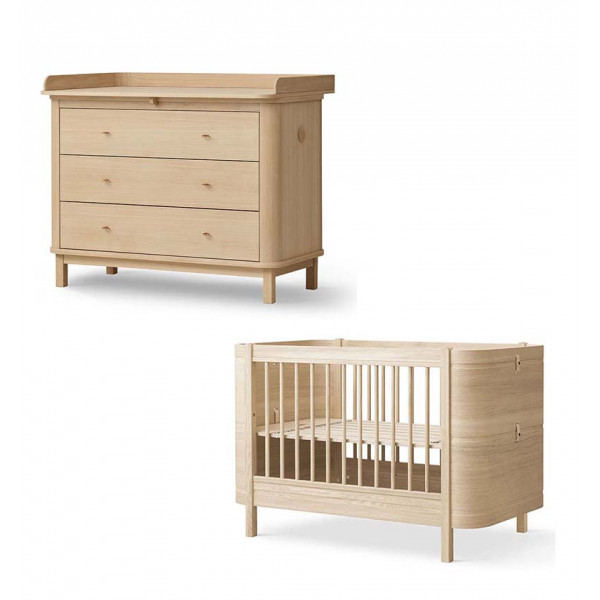 Lit bébé Wood Mini+ avec flèche de lit et voile de lit - Chêne