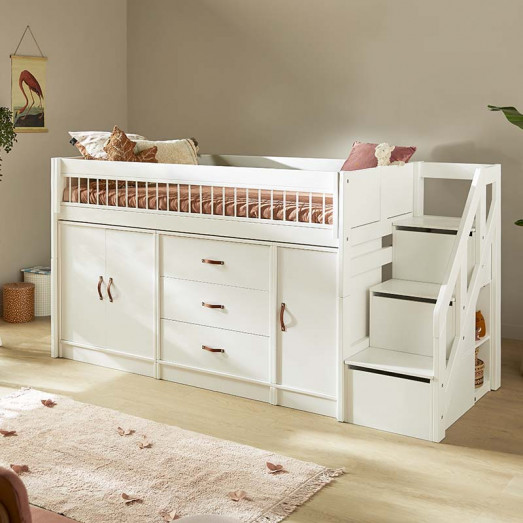 lit mezzanine mi-haut 128 avec rangements et escalier Tout-en-un, Blanc