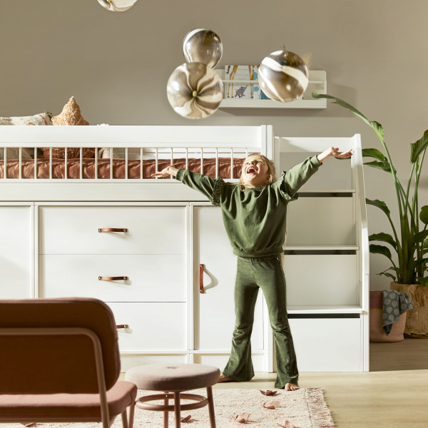 lit mezzanine mi-haut 128 avec rangements et escalier Tout-en-un, Blanc