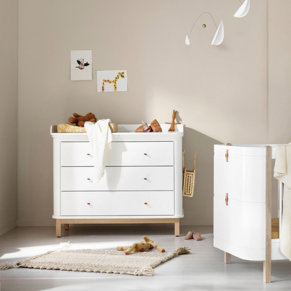 Commode 3 tiroirs Wood avec grand plan à langer - Blanc et chêne