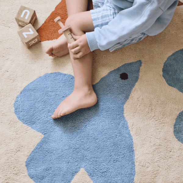 Tapis tufté coton bio - Oiseaux bleu terracotta