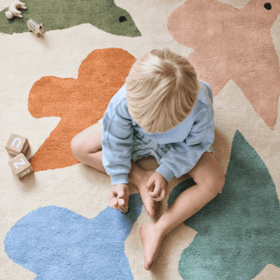 Tapis tufté coton bio - Oiseaux bleu terracotta