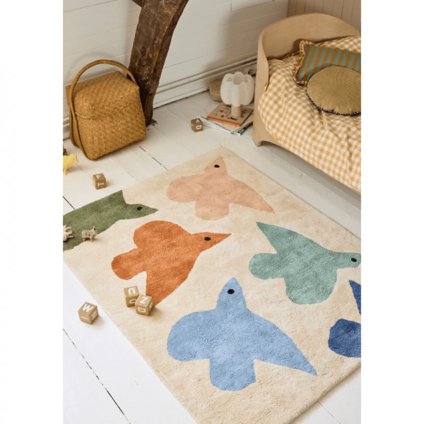 Tapis tufté coton bio - Oiseaux bleu terracotta