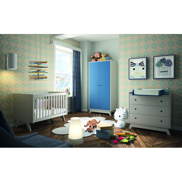Chambre bébé Commode 3 tiroirs et plan à langer + lit bébé + armoire 2 portes bleu atlantique - Madavin - Gris perle