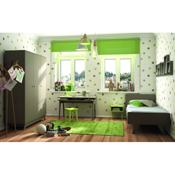 Chambre MADAVIN armoire 3 portes + bureau + lit 90x190 coloris lin + chevet coloris vert pomme