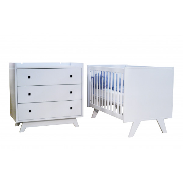 Chambre MADAVIN Commode 3 tiroirs et plan à langer + lit bébé_Collection Madavin_coloris blanc